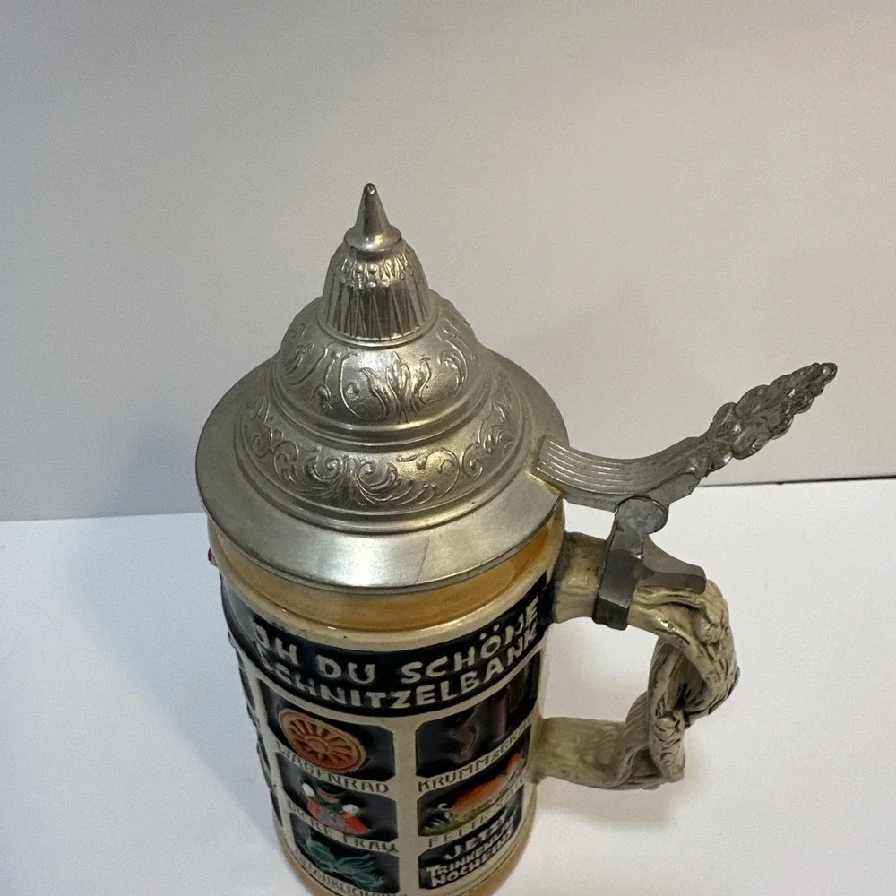 Vintage German Beer Stein Oh Du Schone Schnitzelbank Musterschutz Pewter Lid